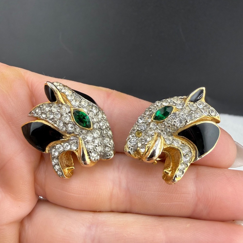 Vintage Estate Clip On Earrings Gold Jungle Cat Jaguar Rhinestone 1in